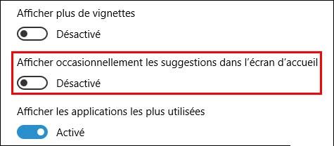 Comment désactiver la publicité du menu démarrer sur Windows10